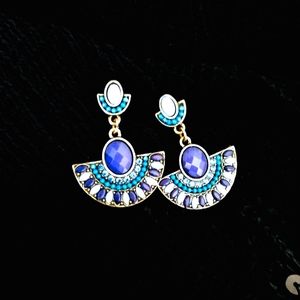 Vintage 80s "Aztec" Style Drop Earrings - Blue Stones & Rhinestones